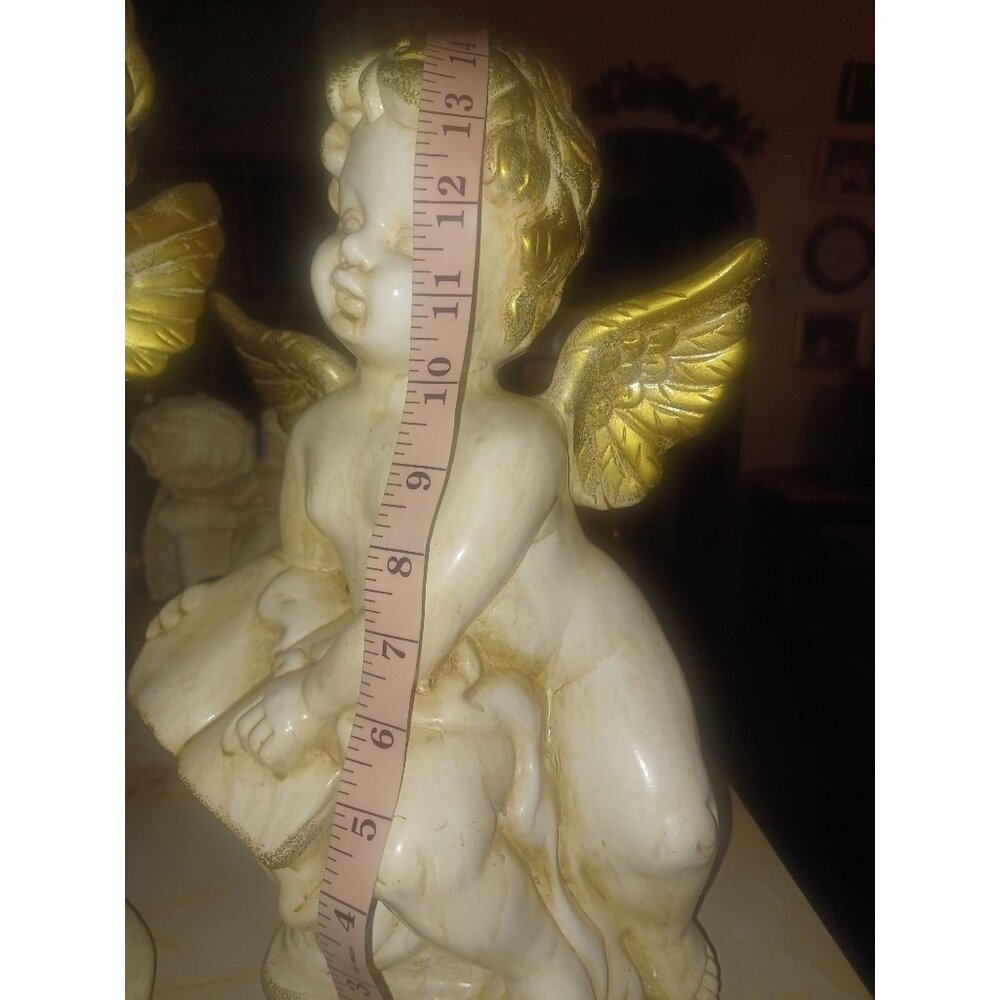 Ceramic Angels Pair White Glazed Antiqued Gold Wings - Picture 3 of 11